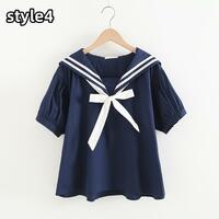 Navy collar college style loose bow tie casual top blouses - Thumbnail 2