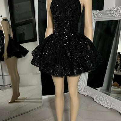 Charming high-neck sequin sleeveless mini prom dresses