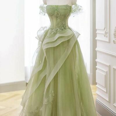 Charming green tulle lace long prom dresses - Thumbnail 4