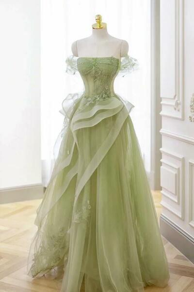 Charming Green Tulle Lace Long Prom Dresses