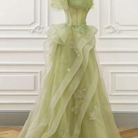 Charming Green Tulle Lace Long Prom Dresses - Thumbnail 1