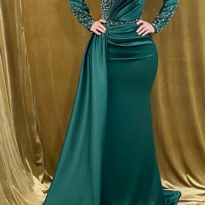 Mermaid long satin v-neck prom dress with beading