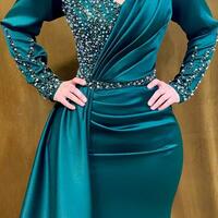 Mermaid Long Satin V-neck Prom Dress With Beading - Thumbnail 1