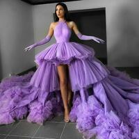 Charming Purple Halter High Low Prom Dresses,Ruffles Tulle Evening Party Formal Dress，1031 - Thumbnail 1