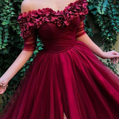 A-line/princess 1/2 sleeves off-the-shoulder sweep/brush train ruffles tulle dresses，1034