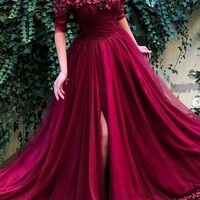 A-Line/Princess 1/2 Sleeves Off-the-Shoulder Sweep/Brush Train Ruffles Tulle Dresses，1034 - Thumbnail 1