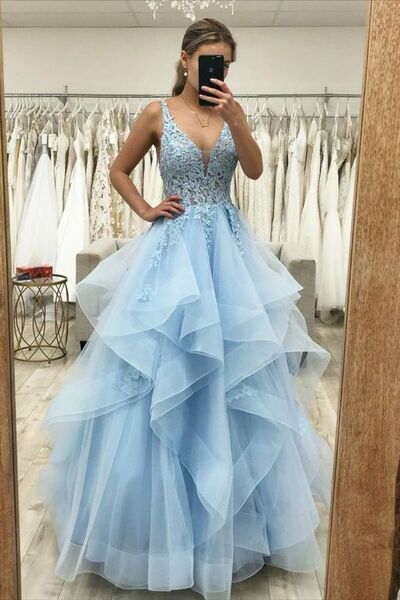 Charming light blue applique prom dresses tulle layers long evening formal gown,1035