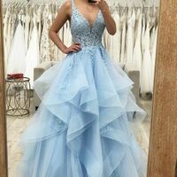Charming light blue applique prom dresses tulle layers long evening formal gown,1035 - Thumbnail 4