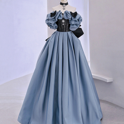 Off shoulder satin lace long prom dress, blue evening dress,1036
