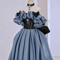 Off Shoulder Satin Lace Long Prom Dress, Blue Evening Dress,1036 - Thumbnail 1