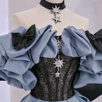 Off Shoulder Satin Lace Long Prom Dress, Blue Evening Dress,1036 - Thumbnail 2