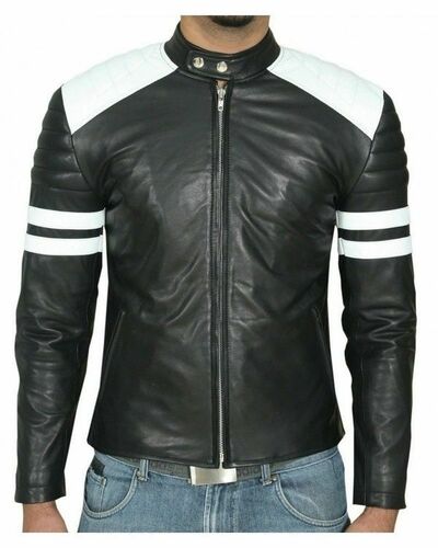 Handmade Mens Black And White Biker Leather Jacket, Slim Fit Biker Leather Jacke