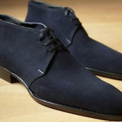 Bespoke mens handmade blue suede leather boot