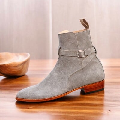 Handmade men's beige suede boot , mock buckle ankle high boot