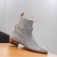 Handmade Men's Beige Suede Boot , Mock Buckle Ankle High Boot - Thumbnail 1