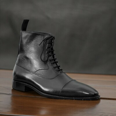 Handmade men's black leather boot ,ankle high lace up cap toe boot