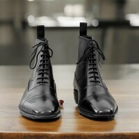 Handmade Men's Black Leather Boot ,Ankle High Lace Up Cap Toe Boot - Thumbnail 2