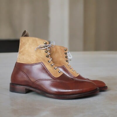 Handmade men's burgundy and tan leather and suede boot ,wing tip lace up boot