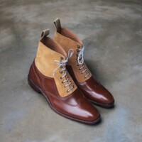 Handmade Men's Burgundy and Tan Leather and Suede Boot ,Wing Tip Lace Up Boot - Thumbnail 1