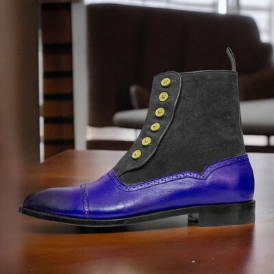 Handmade Men's Black and Blue Boot ,Ankle High Button Top Cap Toe Leather Suede Boot