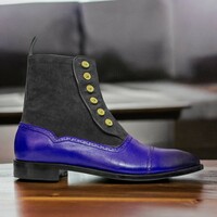 Handmade Men's Black and Blue Boot ,Ankle High Button Top Cap Toe Leather Suede Boot - Thumbnail 1