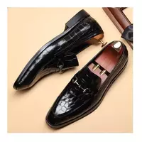 Handmade Men Black Alligator Texture Leather Moccasin Shoes, Slip on Shoes, gift - Thumbnail 1