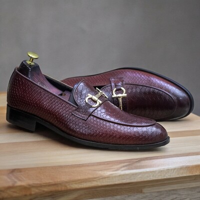 Handmade Men's Burgundy Leather shoes ,Alligator Textured Loafer Shoes