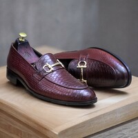 Handmade Men's Burgundy Leather shoes ,Alligator Textured Loafer Shoes - Thumbnail 1