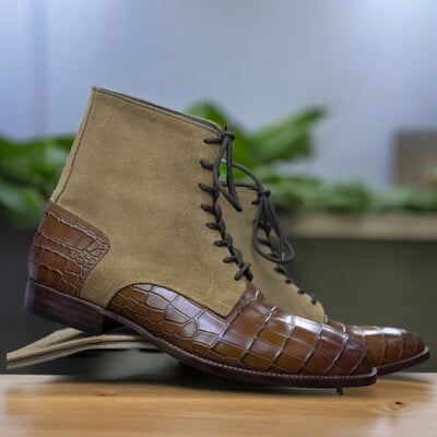 Handmade men's brown two tone leather and suede boot ,lace up ankle high boot