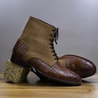 Handmade Men's Brown Two Tone Leather and Suede Boot ,Lace Up Ankle High Boot - Thumbnail 2