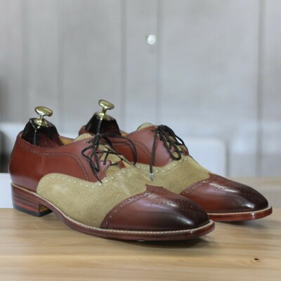 Handmade men's burgundy and brown leather and suede shoes, wing tip brogue toe lace up shoes