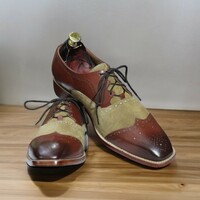 Handmade Men's Burgundy and Brown Leather and Suede Shoes, Wing Tip Brogue Toe Lace Up Shoes - Thumbnail 1