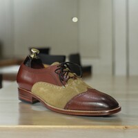 Handmade Men's Burgundy and Brown Leather and Suede Shoes, Wing Tip Brogue Toe Lace Up Shoes - Thumbnail 2