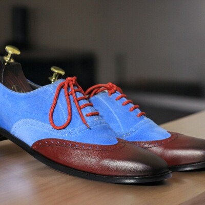 Handmade blue burgundy lace up leather suede dress shoes for men's - Thumbnail 1