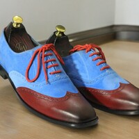 Handmade Blue Burgundy Lace Up Leather Suede Dress Shoes For Men's - Thumbnail 1