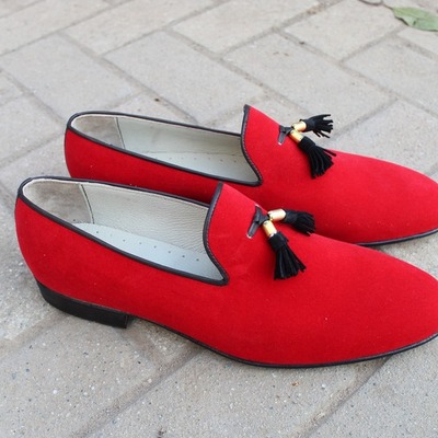 Men awesome red velvet tassel loafers dress shoes