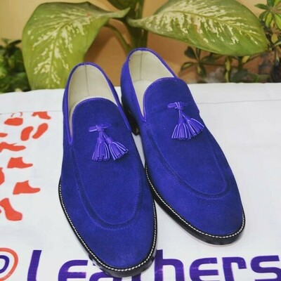 Leather blue suede tassel loafers shoes for men