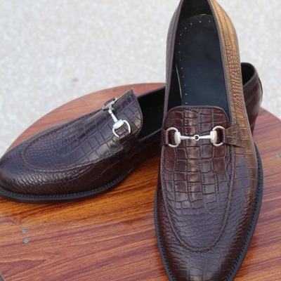 Leather handmade dark brown crocodile/alligator horsebit loafer dress shoes