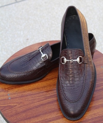 Leather Handmade Dark Brown Crocodile/Alligator Horsebit Loafer Dress Shoes