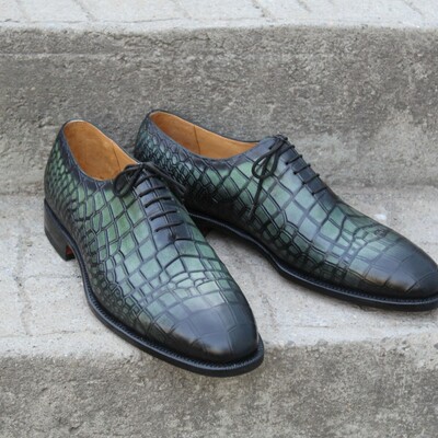 Crafted leather green black crocodile/alligator oxford lace up dress shoes - Thumbnail 4