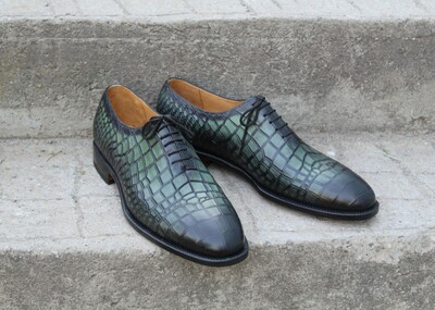 Crafted Leather Green Black Crocodile/Alligator Oxford Lace up Dress Shoes