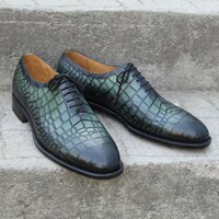 Crafted Leather Green Black Crocodile/Alligator Oxford Lace up Dress Shoes - Thumbnail 2