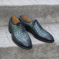 Crafted Leather Green Black Crocodile/Alligator Oxford Lace up Dress Shoes - Thumbnail 3