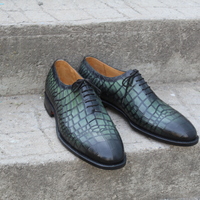 Crafted Leather Green Black Crocodile/Alligator Oxford Lace up Dress Shoes - Thumbnail 4