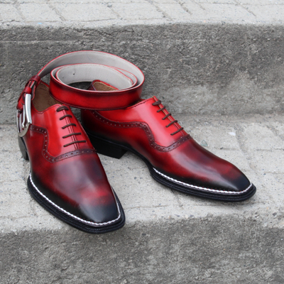 Crafted leather bespoke model burgundy patina norwegian welted oxford lace up dress shoes with matching belt - Thumbnail 4