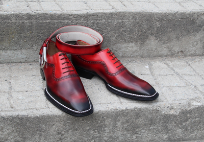 Crafted Leather Bespoke Model Burgundy Patina Norwegian Welted Oxford Lace up Dress Shoes with Matching Belt