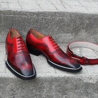 Crafted Leather Bespoke Model Burgundy Patina Norwegian Welted Oxford Lace up Dress Shoes with Matching Belt - Thumbnail 1