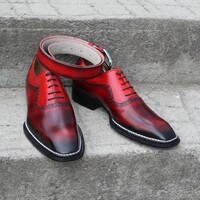 Crafted Leather Bespoke Model Burgundy Patina Norwegian Welted Oxford Lace up Dress Shoes with Matching Belt - Thumbnail 3