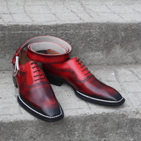 Crafted Leather Bespoke Model Burgundy Patina Norwegian Welted Oxford Lace up Dress Shoes with Matching Belt - Thumbnail 5