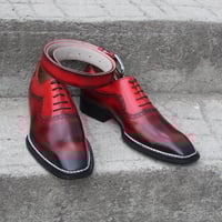 Crafted Leather Bespoke Model Burgundy Patina Norwegian Welted Oxford Lace up Dress Shoes with Matching Belt - Thumbnail 8